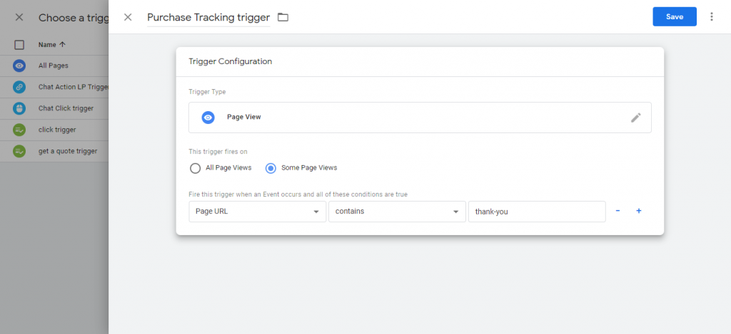 fill all values in tag manager trigger section