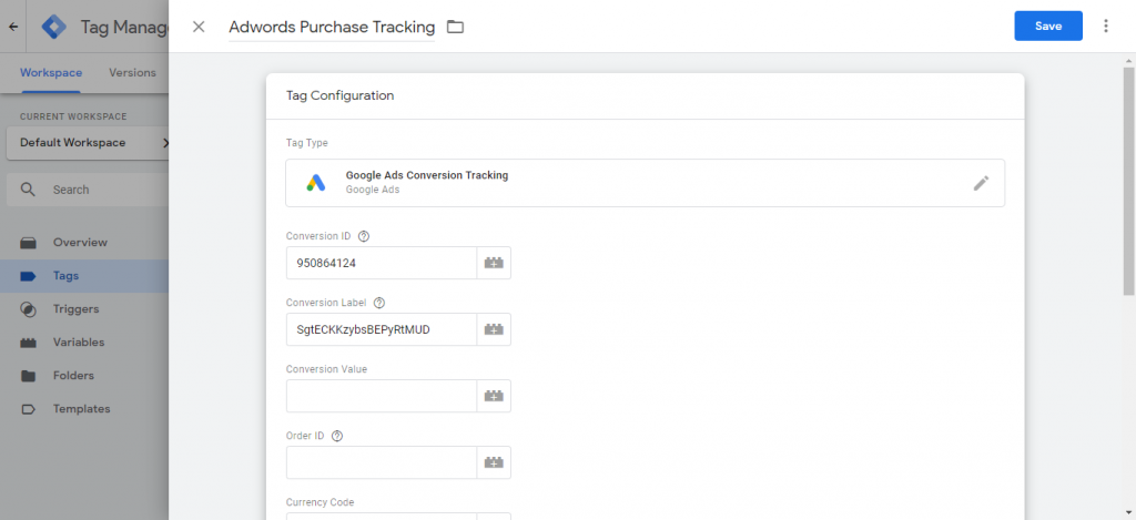 Google ads tag values in tag manager