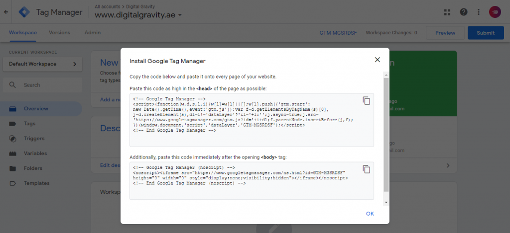 Google tag manager account code