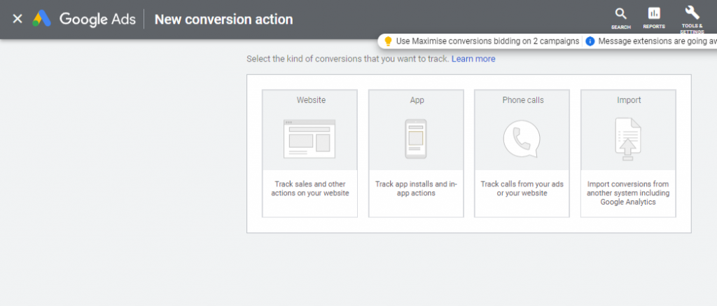 google ads new conversion action